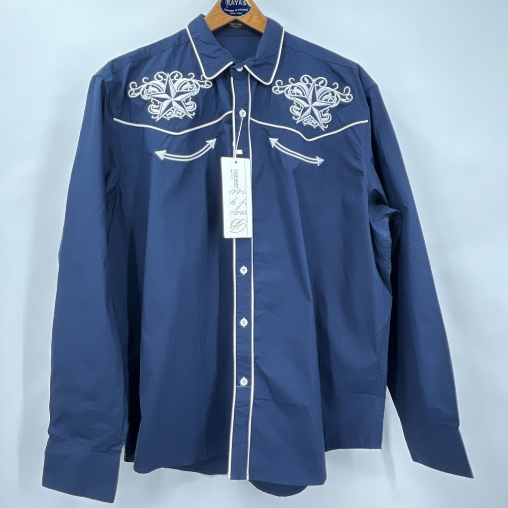 Men's Navy Button-Down Shirt with White Western Embroidery